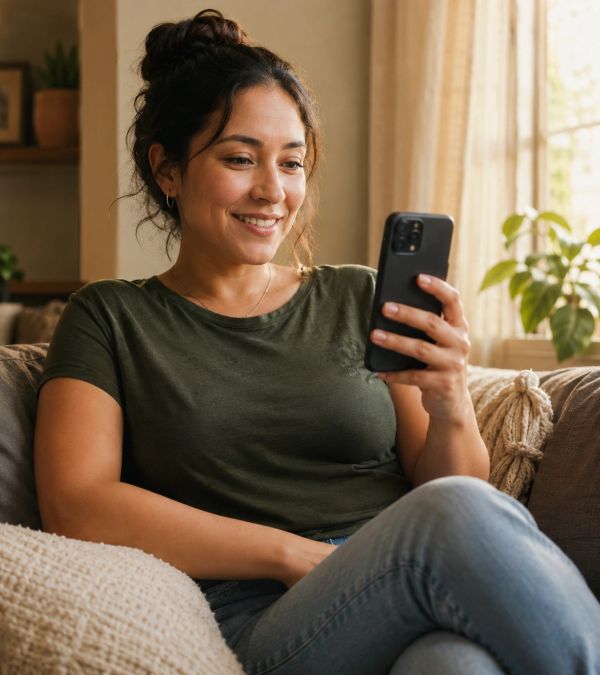 woman smiling in her home in a relaxed setting during her telehealth psychiatric appointment 