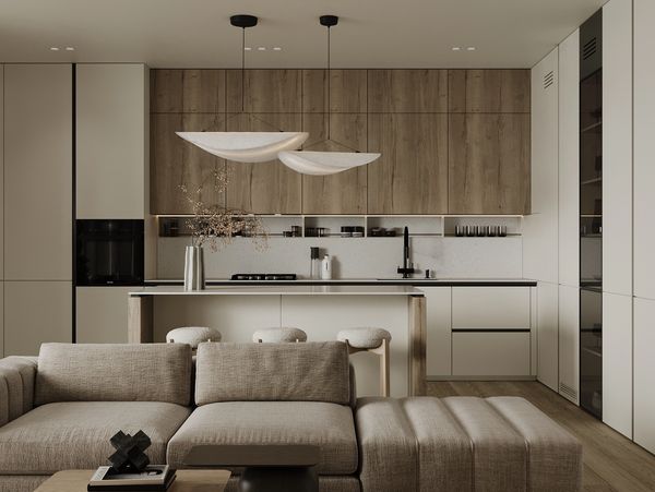 Modern open kitchen with beige sofa and wooden accents.