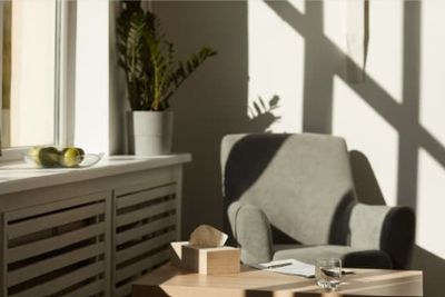 Sunlit cozy corner with armchair and plants.