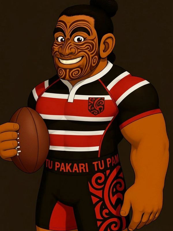 Cartoon rugby player with Maori facial tattoos holding a rugby ball.