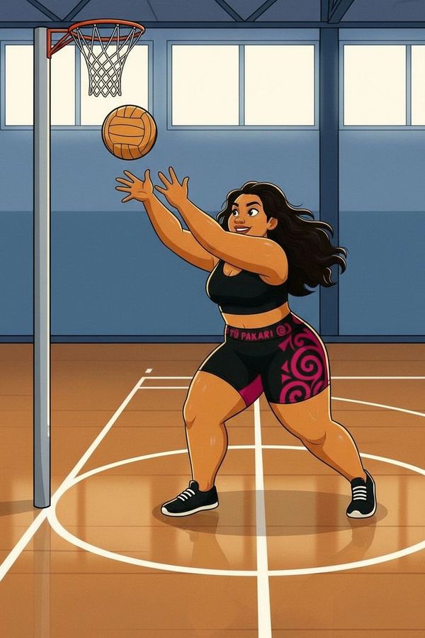 A woman playing basketball, reaching to catch the ball near the hoop.