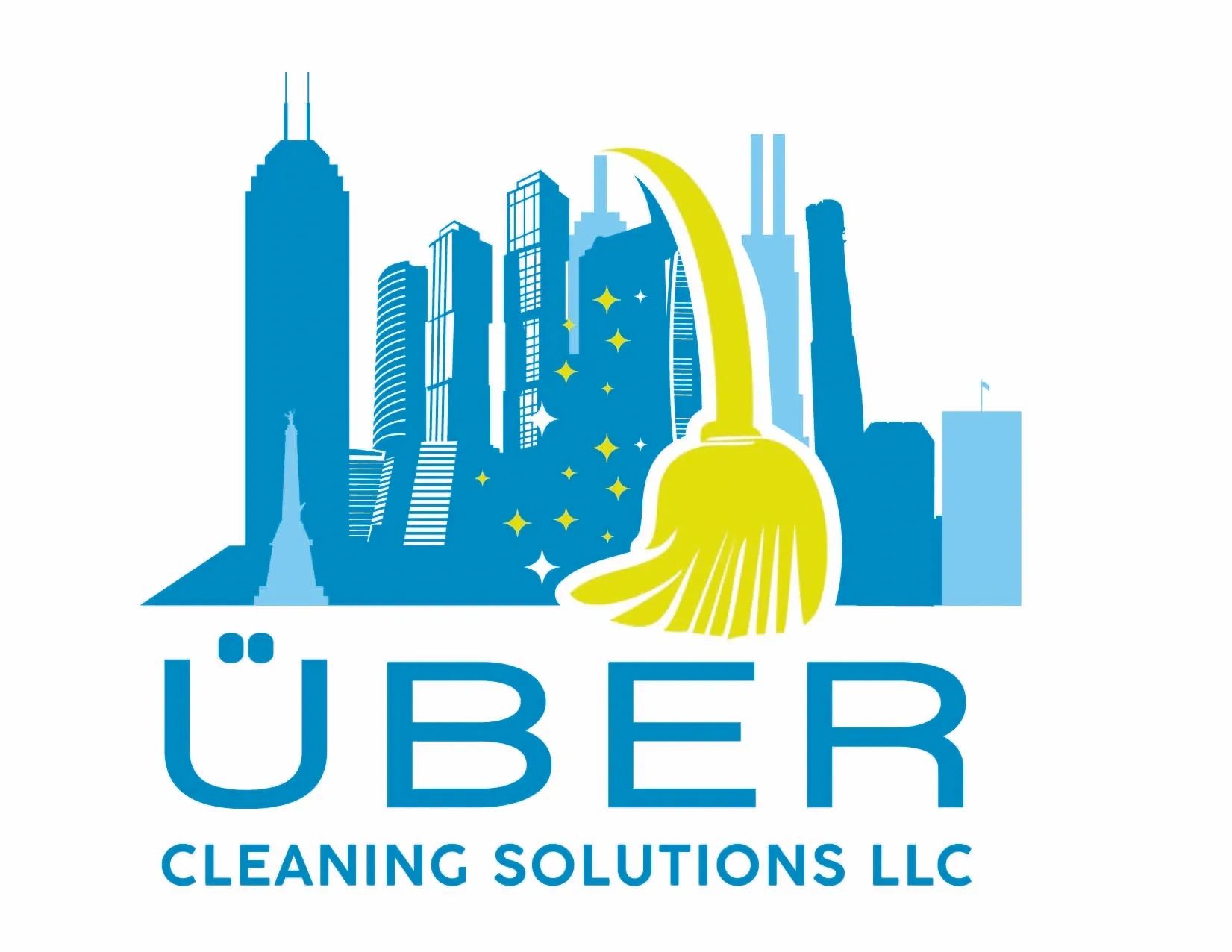 Logo of Über Cleaning Solutions LLC with city skyline and broom.
