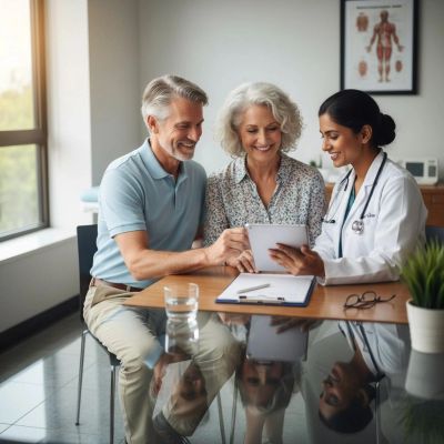 Senior couple consulting with doctor to compare Medicare Advantage and supplemental health plans