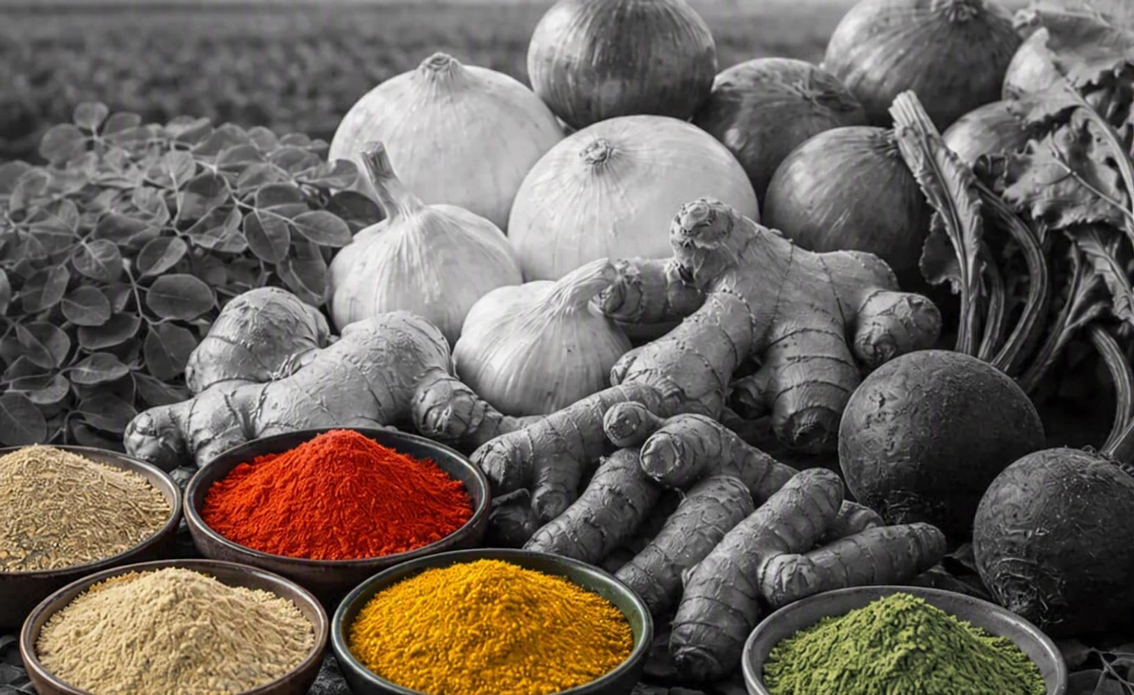Bowls of colorful spices with black and white vegetables behind.