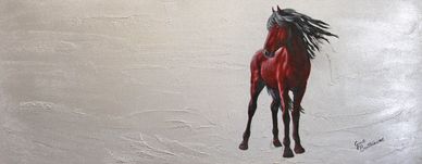 RED. Cheval rouge contemporain sur fond argent.