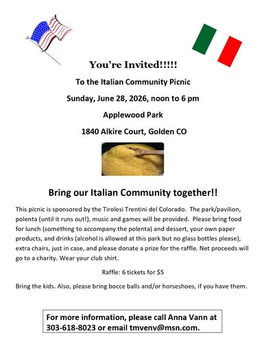 Invitation to Italian Community Picnic with food, games, and raffle at Applewood Park, Golden CO.