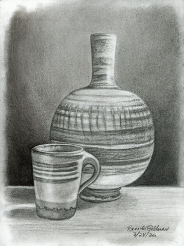 Charcoal drawing of a striped vase and cup on a table.