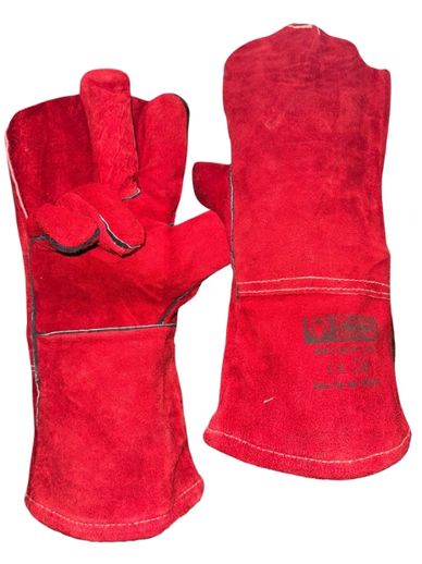 Pair of red heat-resistant gloves with extended cuffs.