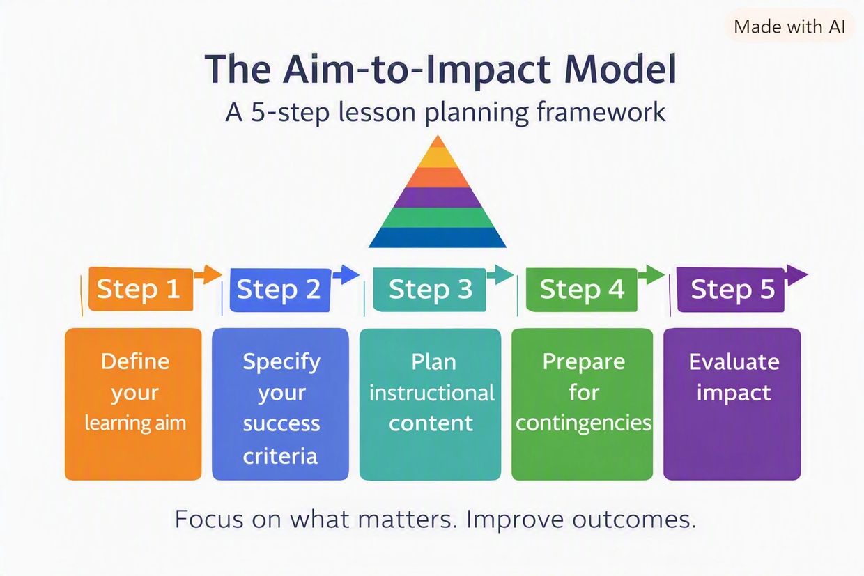 The Aim-to-Impact 5-step lesson planning framework.