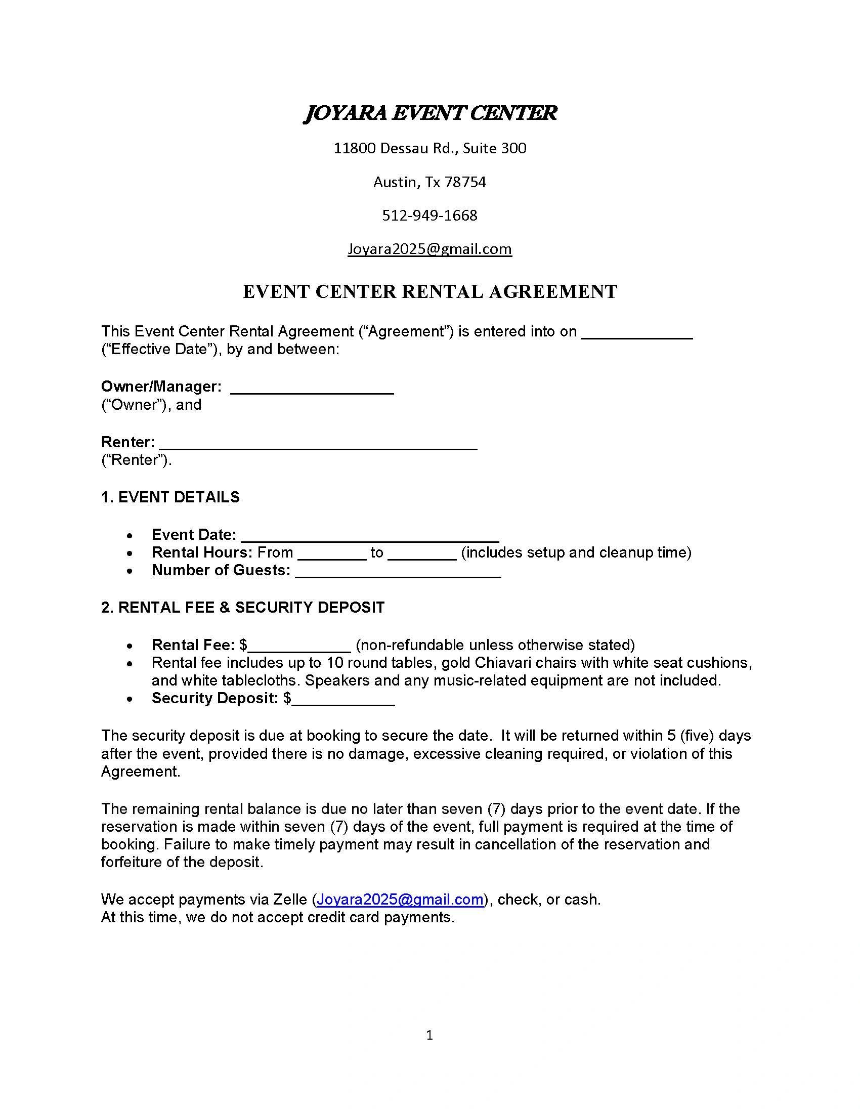 Joyara Event Center rental agreement form with event details and payment terms.