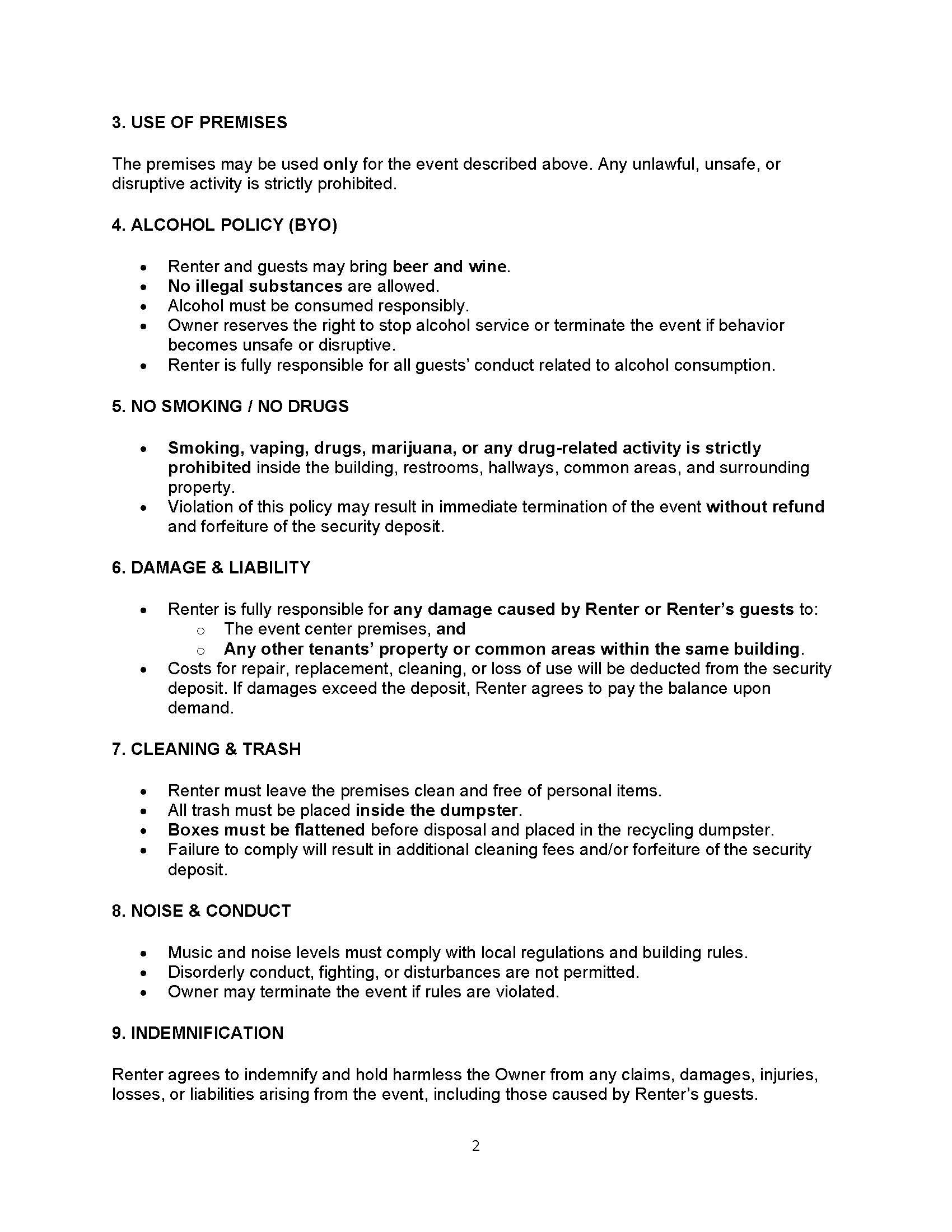 Rules for event venue use, alcohol, smoking, damage, cleaning, noise, and indemnification.