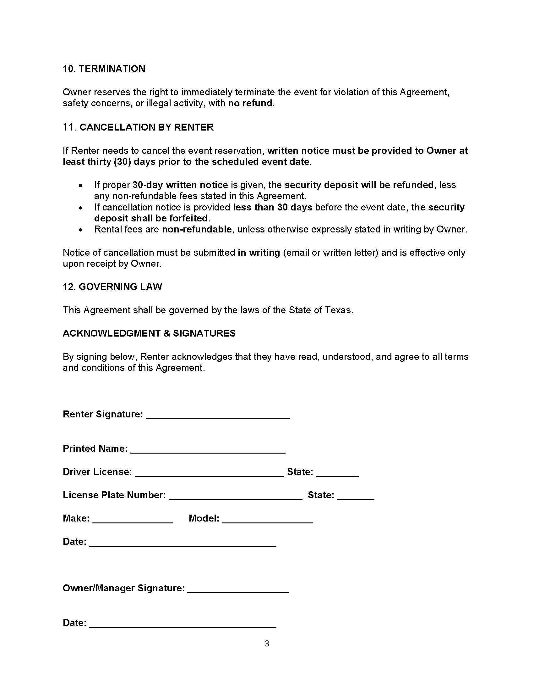 Event rental agreement terms covering termination, cancellation, governing law, and signature section.