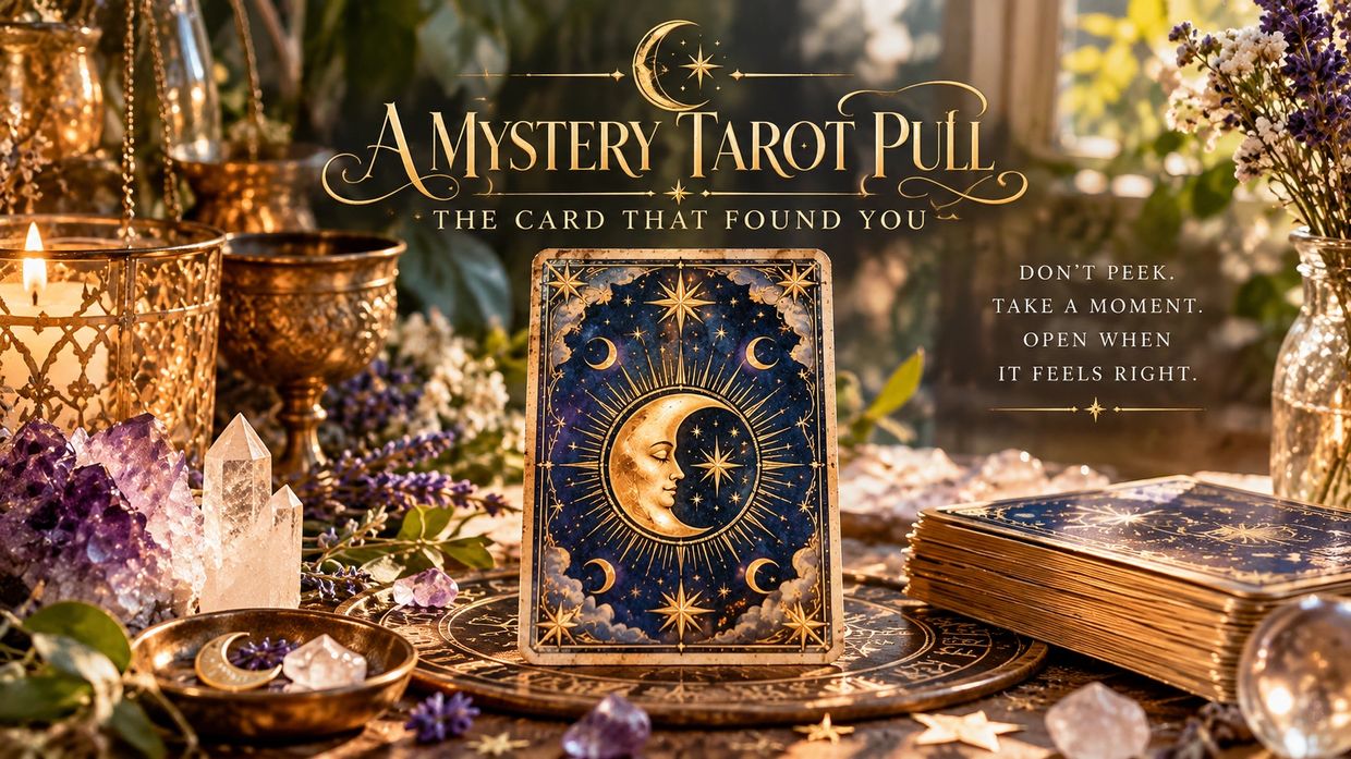 Mystery tarot card pull with celestial theme and crystals.