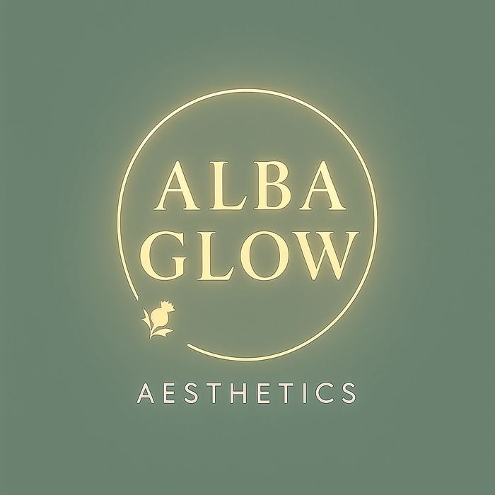 Elegant glowing logo of Alba Glow Aesthetics on a muted green background.