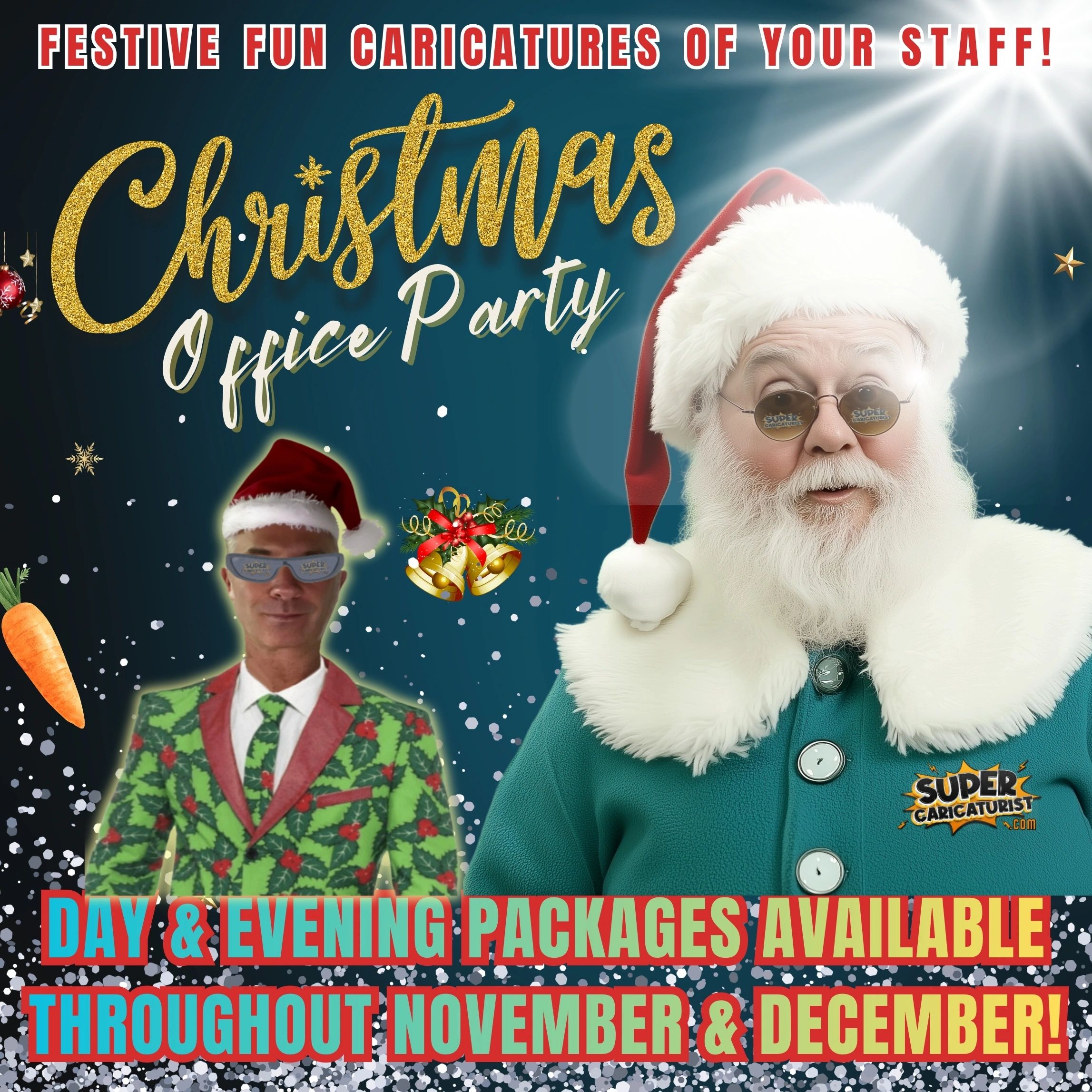 Festive Christmas office party caricatures promotion with special packages.