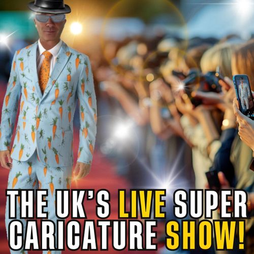 Man in a carrot-patterned suit on a red carpet at a live caricature show.