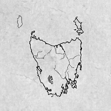 Black and white sketch of Tasmania's outline with rivers and islands.