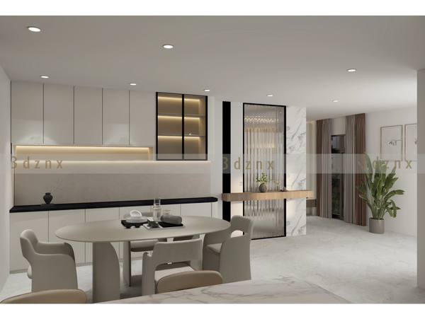 Modern dining area with sleek white cabinets, oval table, and ambient lighting.