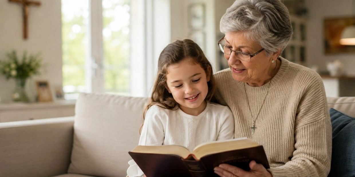 Grandmother teaching granddaughter from a book.
