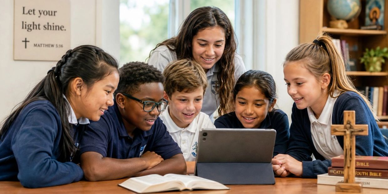 Group of kids looking at a tablet in a classroom.