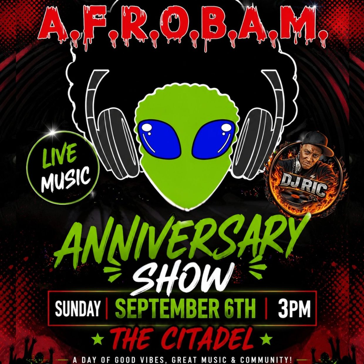 A.F.R.O.B.A.M. anniversary show with live music and DJ Ric.