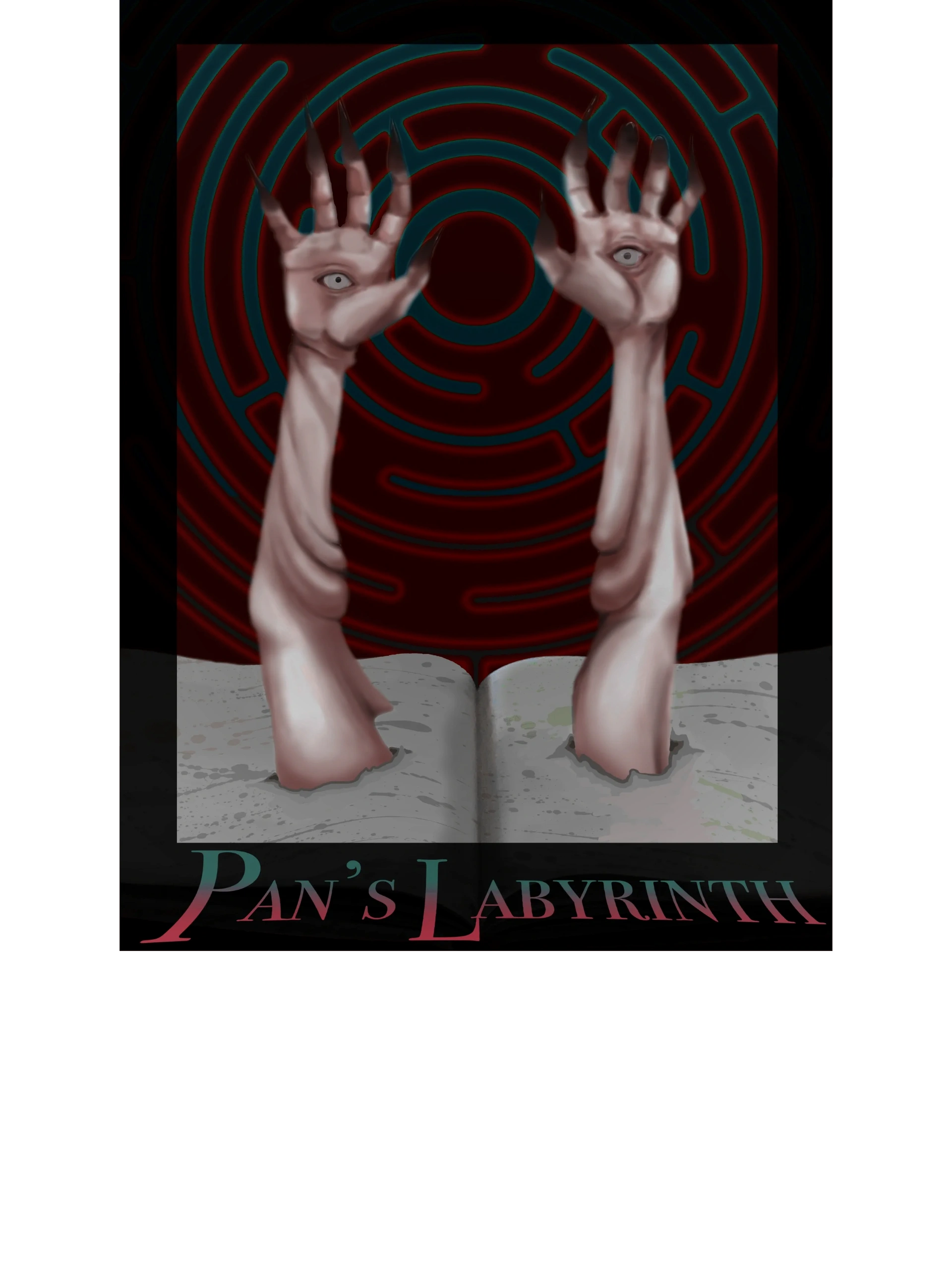 Surreal artwork of hands with eyes emerging from a book against a red maze background.