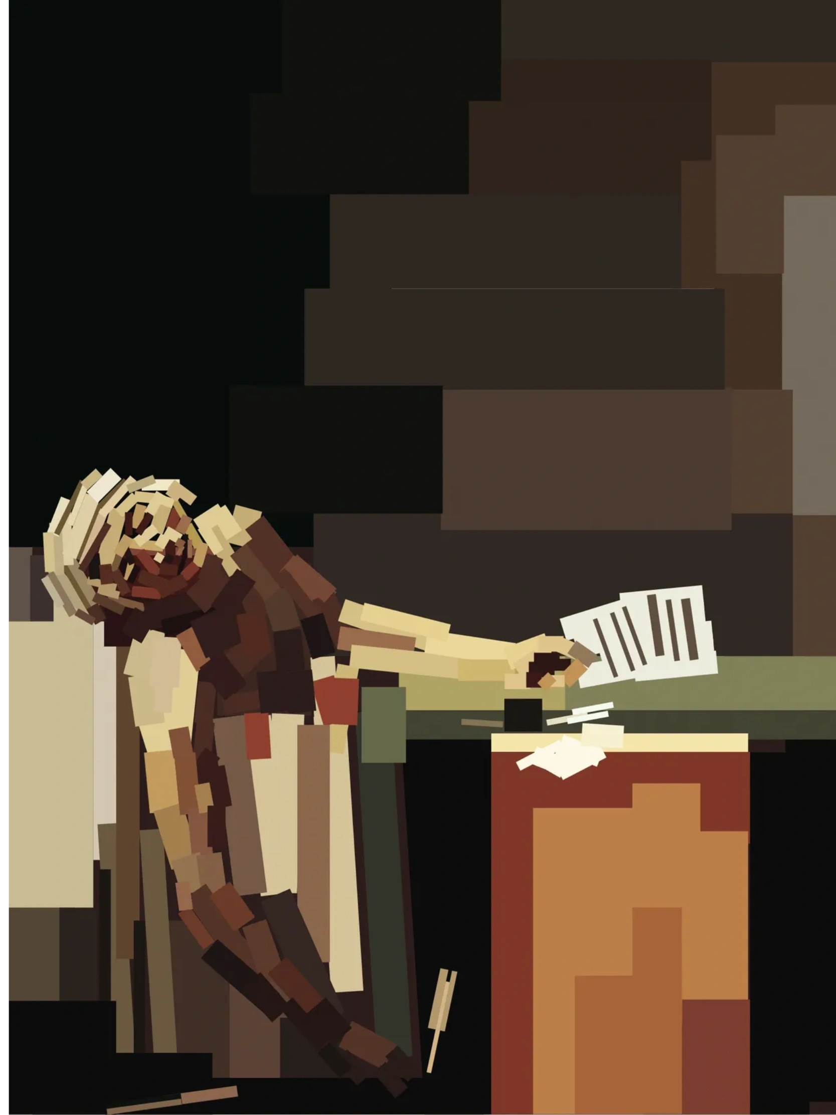 Abstract illustration of a person slumped over a desk with papers.
