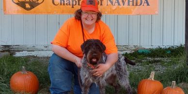 Person in orange shirt and cap kneeling with a brown and white dog surrounded by pumpkins.