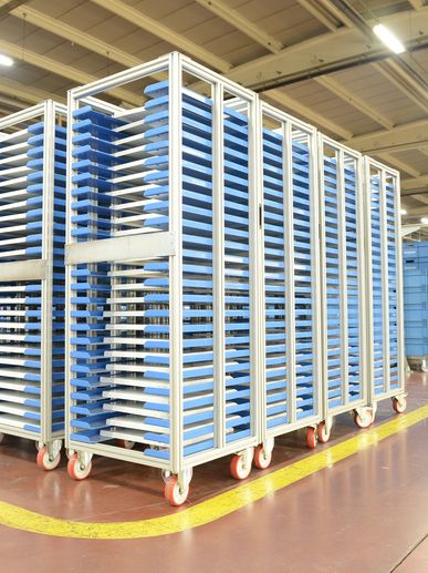 Metal racks with blue trays on wheels in an industrial setting.