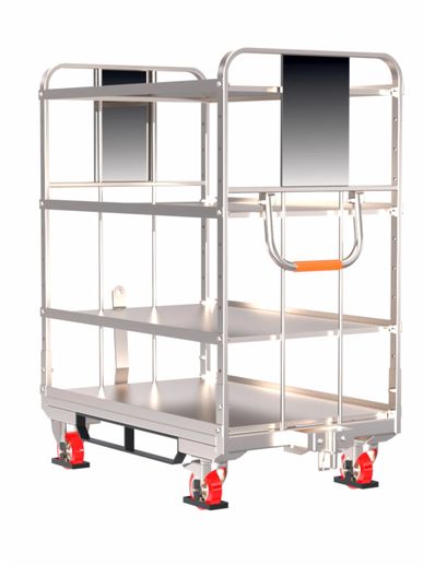 A metal utility cart with three shelves and red caster wheels.