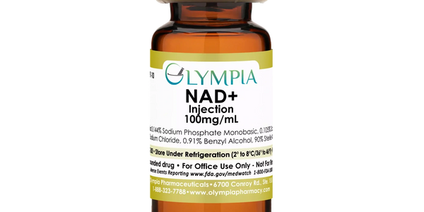 Bottle of NAD+ injection 100mg/mL by Olympia Pharmaceuticals.
