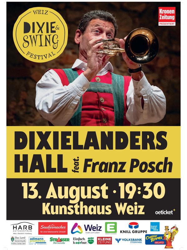Poster for Dixielanders Hall concert featuring Franz Posch on August 13 at Kunsthaus Weiz.