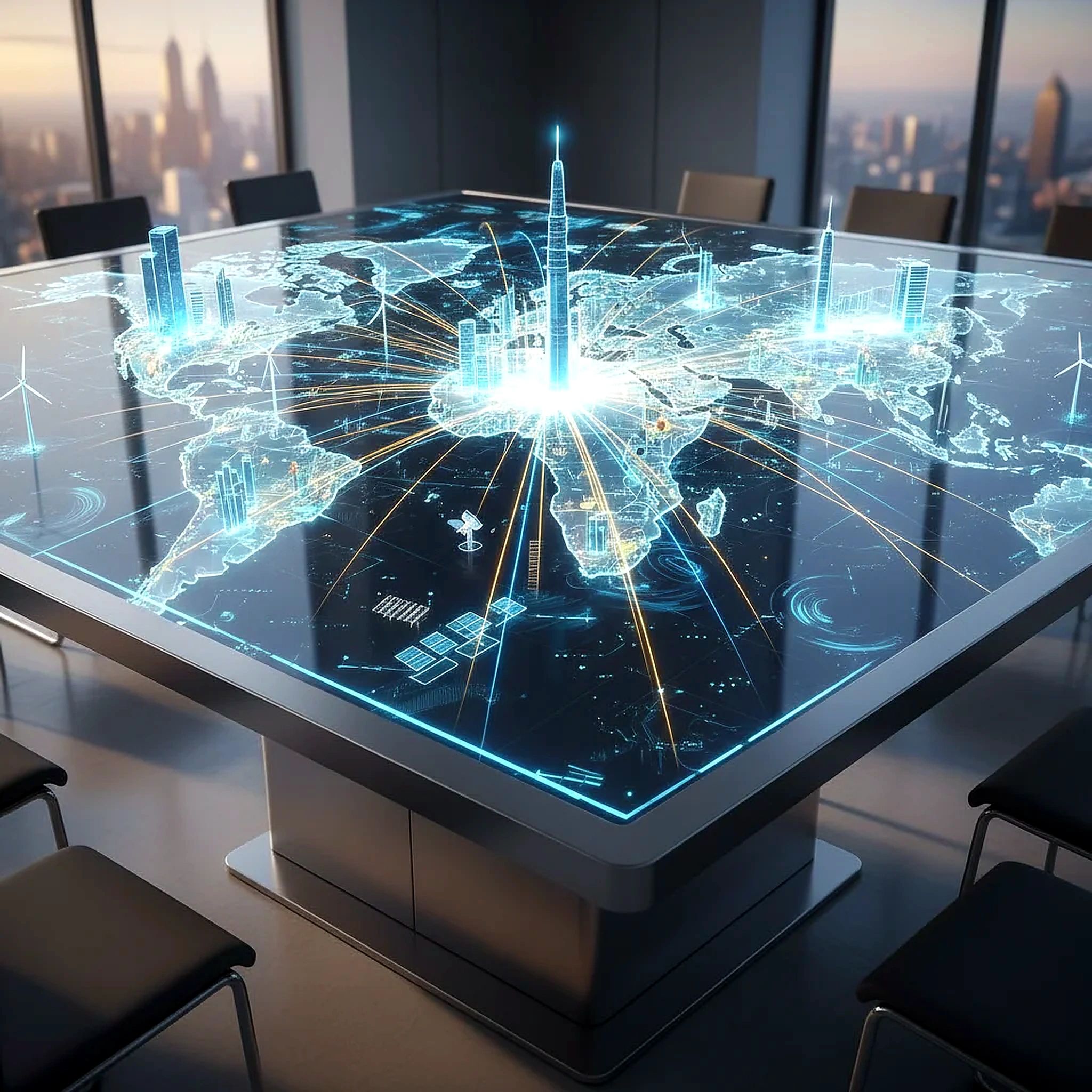 High-tech holographic world map with glowing city hubs on a conference table.