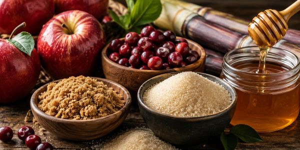 Assortment of natural sweeteners and fruits.