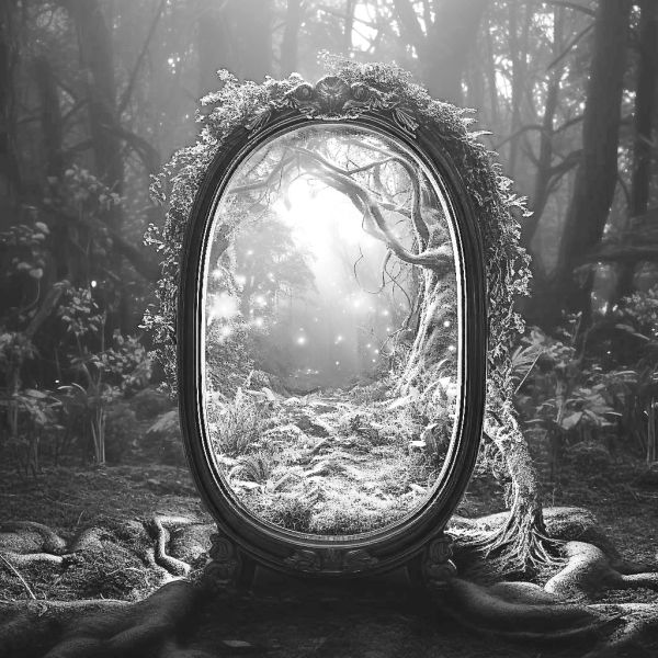 A magical forest scene framed by an ornate mirror.