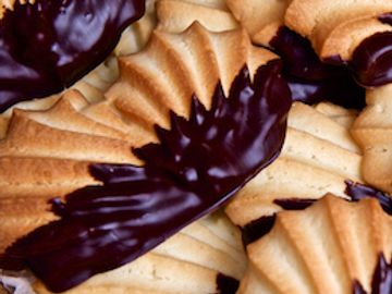 Butter cookie dipped in chocolate. 