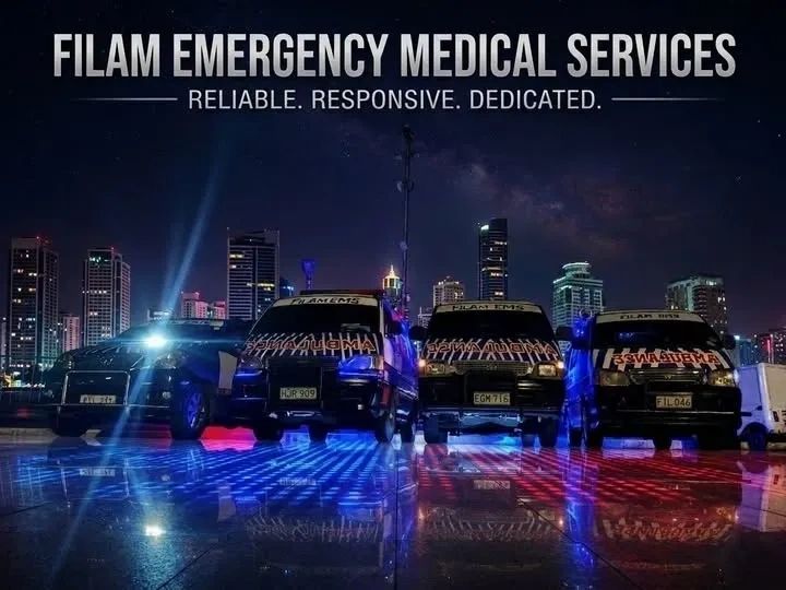 Night shot of Filam Emergency Medical Services vehicles with city skyline backdrop.