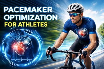 Athlete cycling with highlighted heart and pacemaker, promoting pacemaker optimization for athletes.