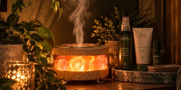 A warm, cozy aromatherapy diffuser setup with candles and skincare products.