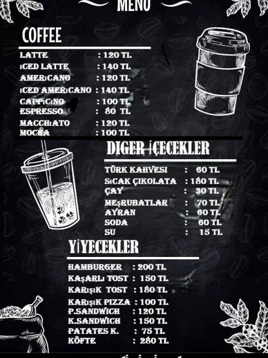 Kafe menüsü: kahve, içecekler ve yiyecek fiyatlarıyla.