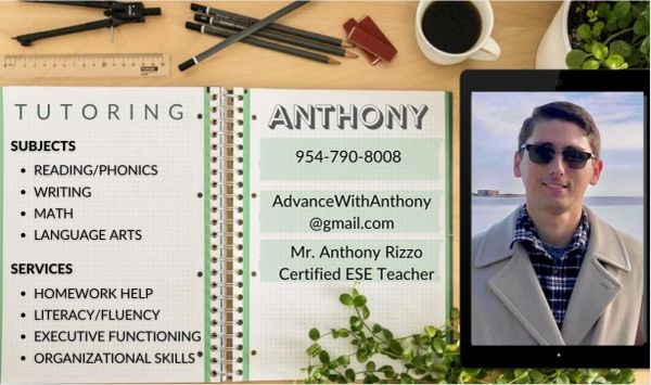 Tutoring ad for Anthony, a certified teacher offering various academic services.