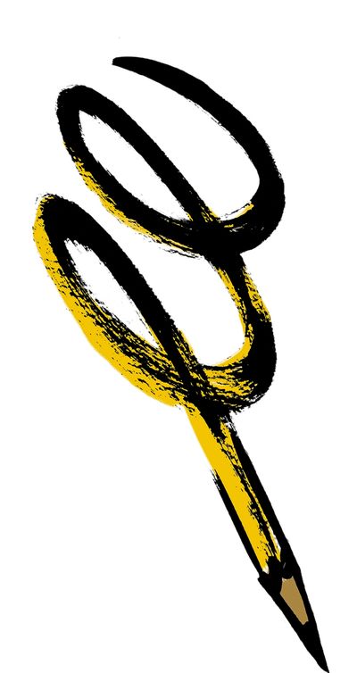 Artistic drawing of a yellow pencil with two loops in black and yellow.