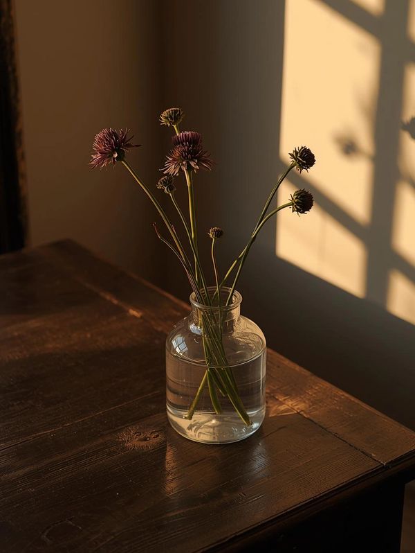 Clear glass jar holding dried flowers on a wooden table with sunlight casting shadows.