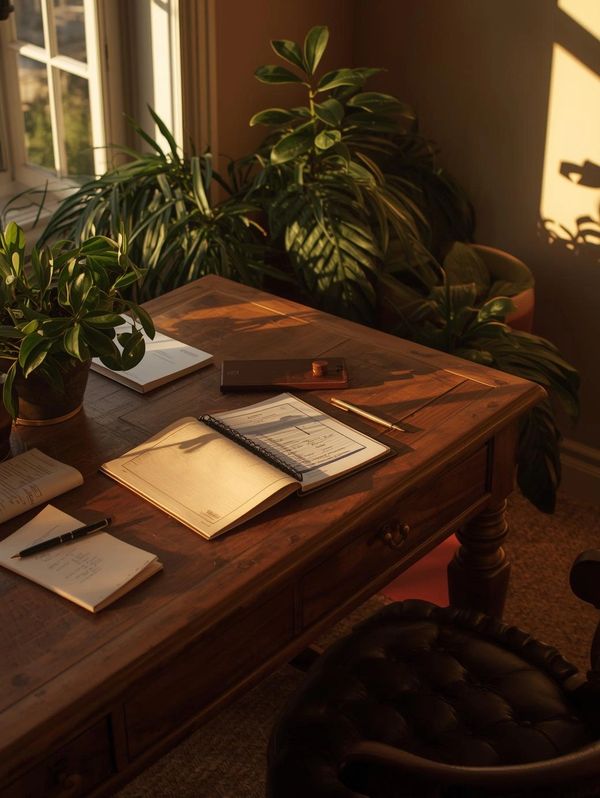 Wooden desk with notebooks, papers, and natural light, surrounded by indoor plants.