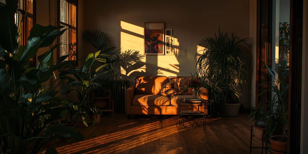 Living space with wood furniture, indoor plants, and warm sunlight entering through windows.