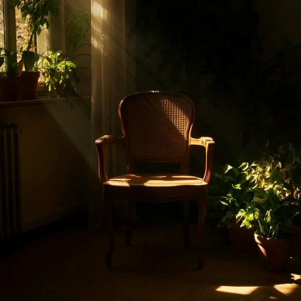 Wooden chair positioned near potted plants in a softly lit interior room.
