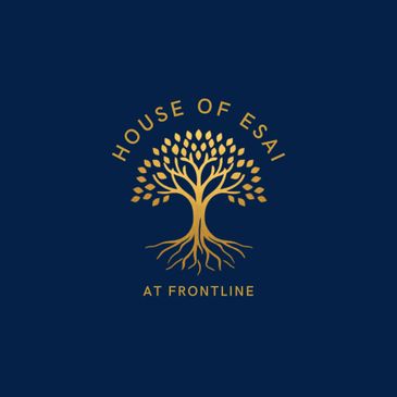 Elegant gold tree logo with roots on a dark blue background.