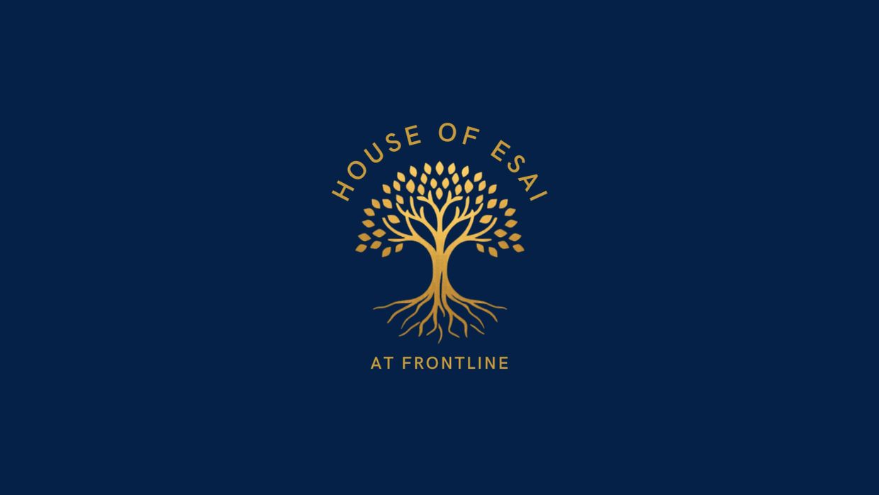Elegant golden tree logo with 'House of Esai at Frontline' on a dark blue background.