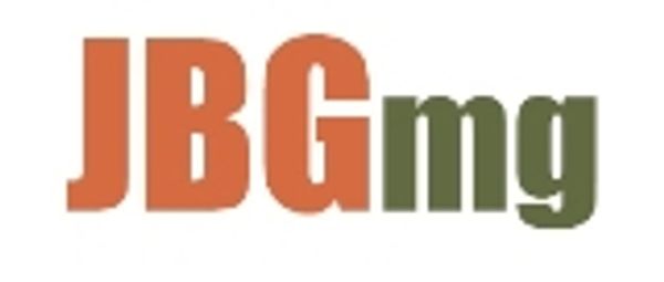 Logo with bold letters 'JBGmg' in orange and green.
