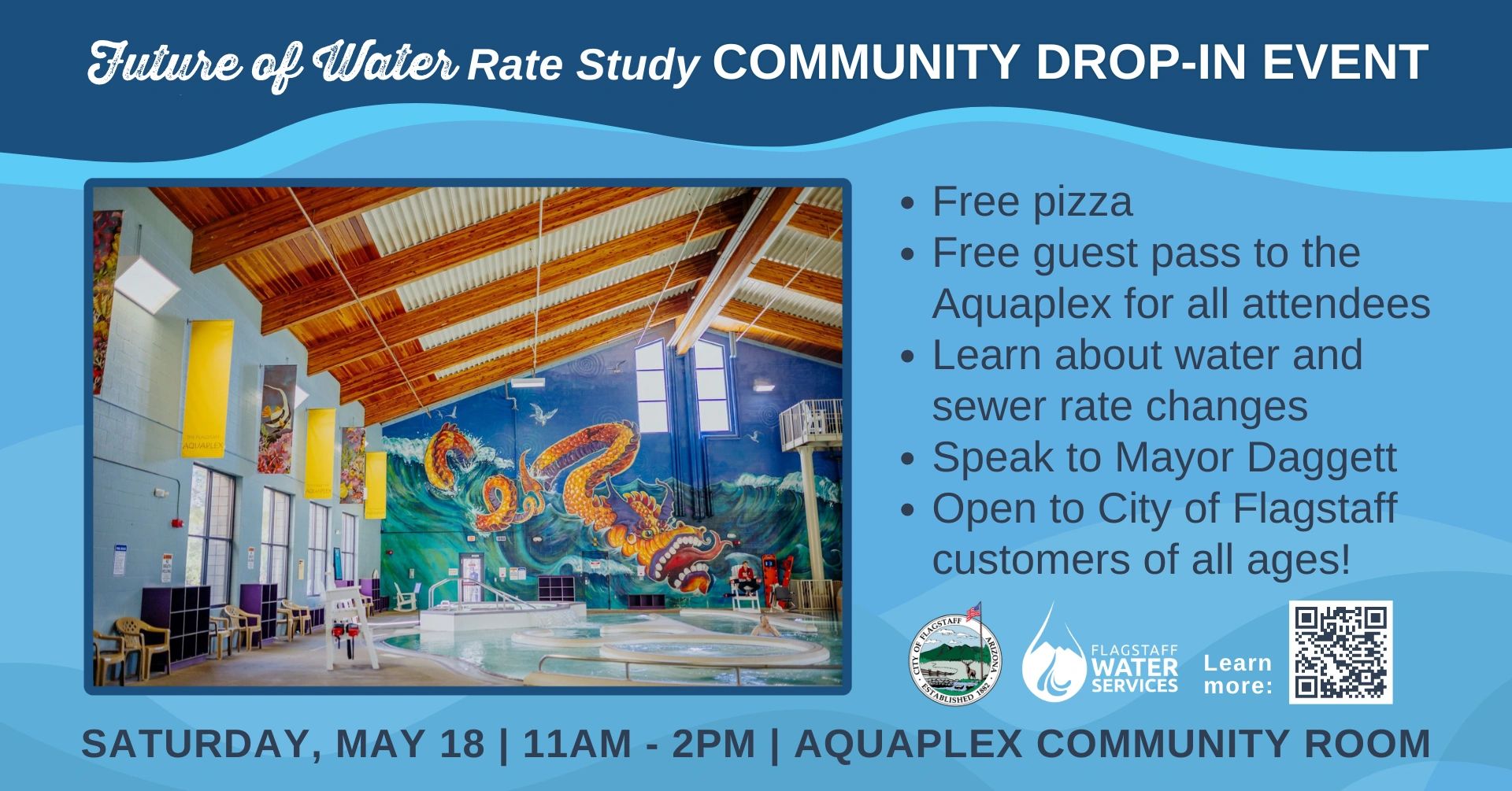 A banner for the upcoming Community Drop-In Event at the Aquaplex on May 18th from 11 am to 2 pm.